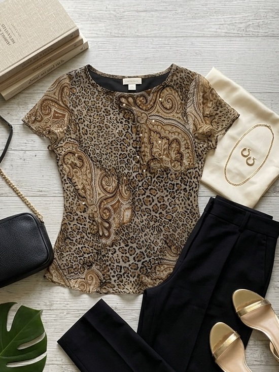 Robbie Bee Tops - Robbie Bee 100% Silk Blouse Size 14 Paisley Leopard Print Luxury Short Sleeve